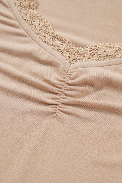 Lace Trim Sweetheart Neck Ruched Front Long Sleeve Top